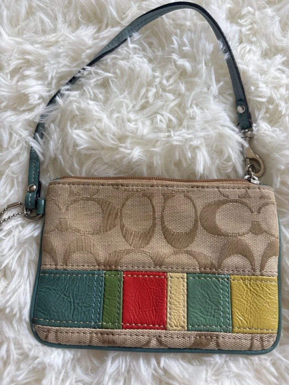 Coach Mini Wristlet Signature C Canvas Patchwork Stripe Bag Teal Trim Vintage - Picture 9 of 16